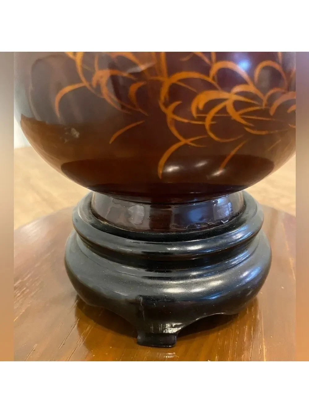 Vintage 1960 11” tall Hand painted mahogany & black Lacquer Wood Vase -Viet Nam